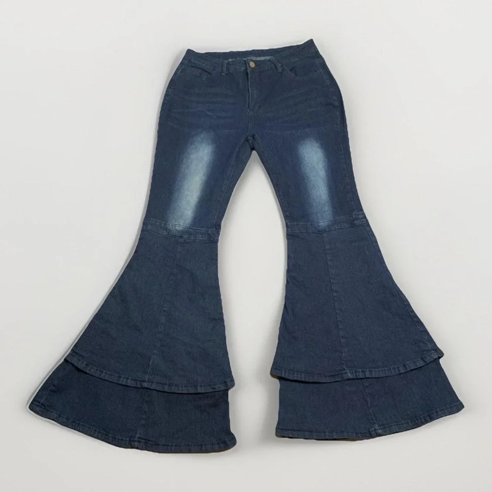 Plus Sz 1X Stretchy Fitted High Waist Layered Bell Bottom Hippie Blue Jeans Y2K - Picture 3 of 11